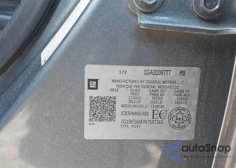 2019 Chevrolet Cruze Lt z USA, uszkodzony, nr VIN 1G1BE5SM7K7107363